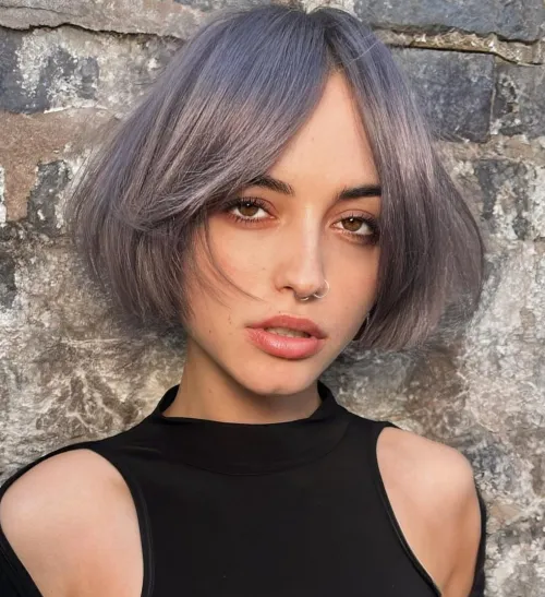 Metallic Gray Middle Part Bob with Framing Layers