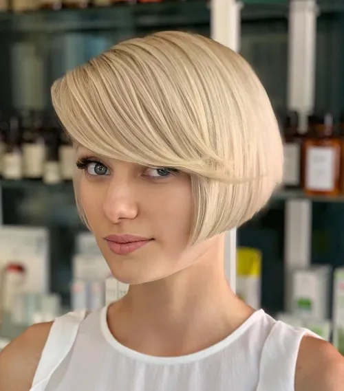 Sleek Box Bob with Deep Side Part and Bangs