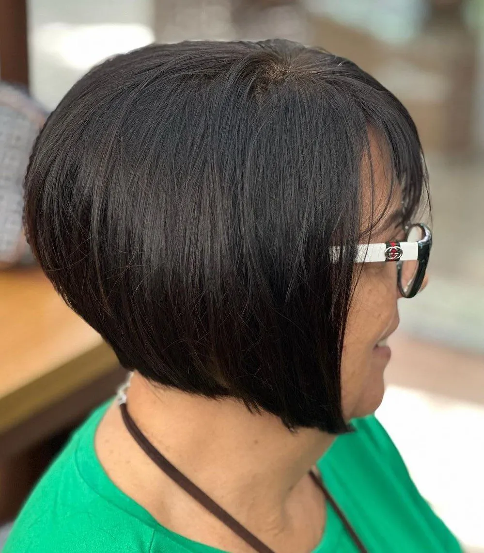 Short Dark Bob with Bangs and Stacked Layers at the Back