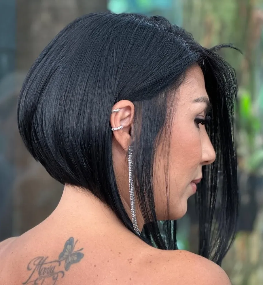 Tucked Lob Style Asymmetrical Stacked Bob with Long Front