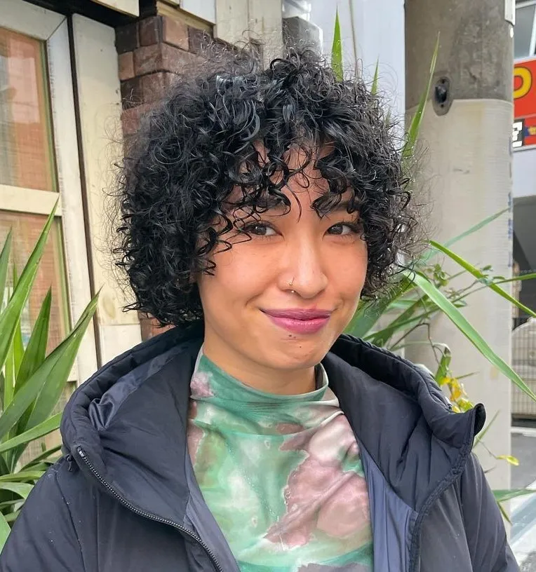Ear Length Spiral Perm Bob with Bangs