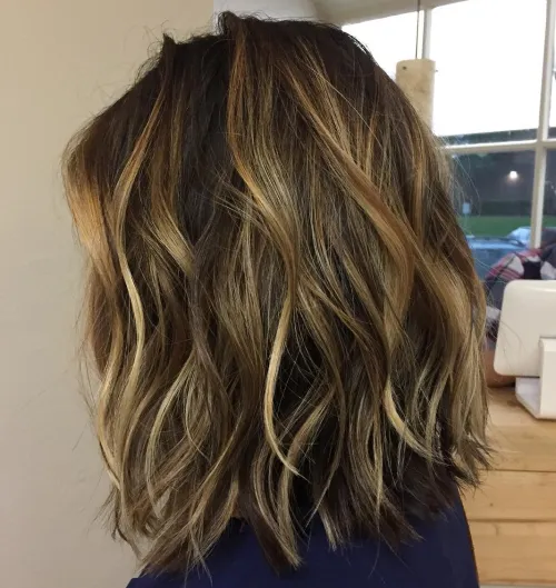 Lob with Long Wavy Layers Sliced Lob With Subtle Golden Blonde Balayage
