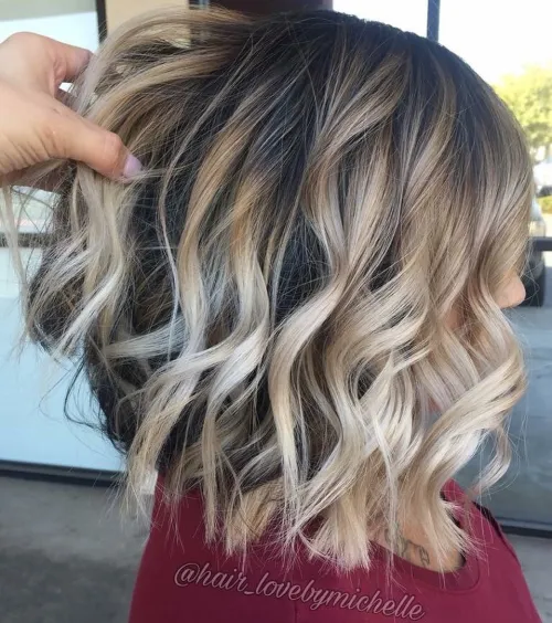 Brown Bob with Platinum Blonde Balayage Choppy Wavy Messy Lob