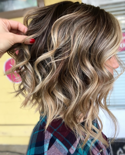 Tousled Inverted Wavy Lob Lob Hairstyle For Thick Curly Hair