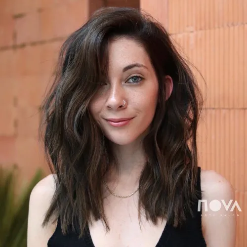 Mid-Length Side-Parted Brunette Shag Medium Choppy Combover Hairstyle