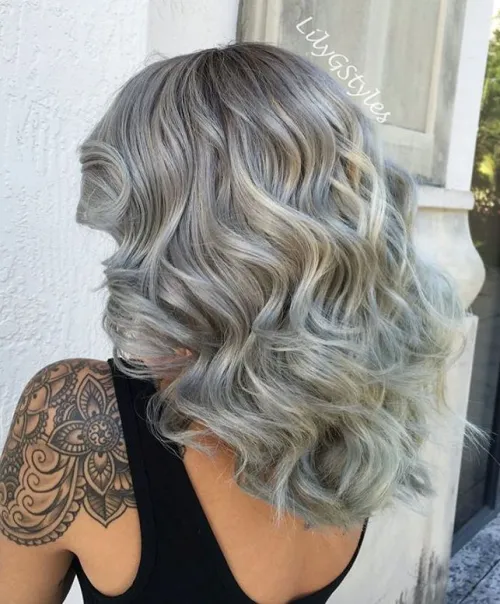 Thick Defined Gray Waves Mid-Length Thick Curly Gray Hairstyle