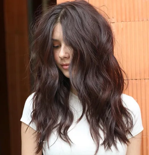 Long Choppy Burgundy Brown Cut Long Wavy Layered Centre-Parted Cut