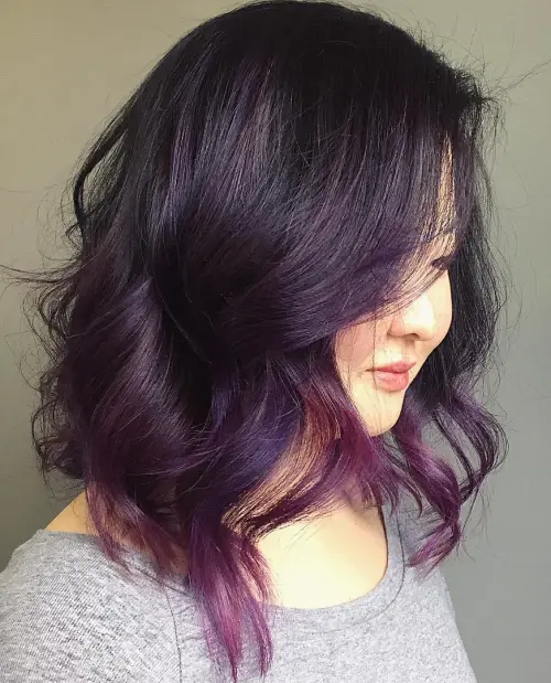Black to Purple Ombre Bob Black Wavy Bob With Purple Balayage