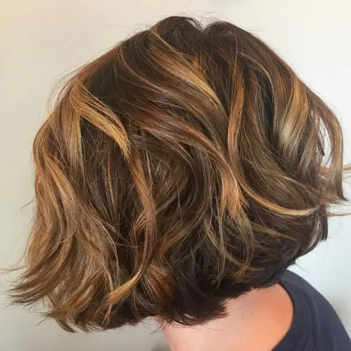 Chestnut Brown Wavy Textured Bob Warm Bronde Balayage Bob