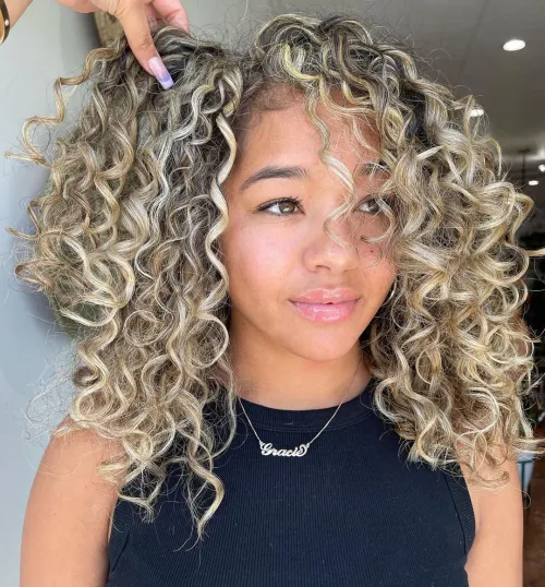 Ash Blonde Highlights on Tight Curls