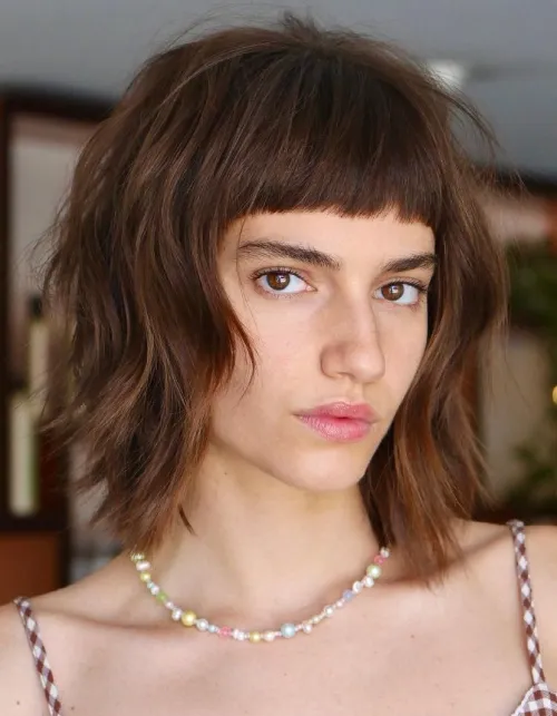 Shaggy Bob with Soft Blunt Bangs Tousled Bob with Baby Bangs