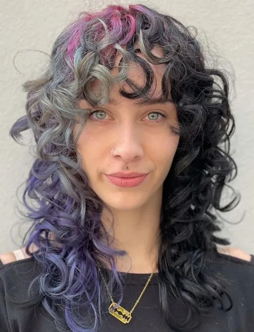 Shag Haircut with Curly Bangs Permed Hair with Bangs
