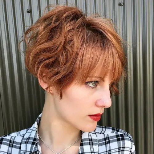 Short Wavy Hair with Straight Wispy Fringe Messy Wavy Pixie Bob with Bangs
