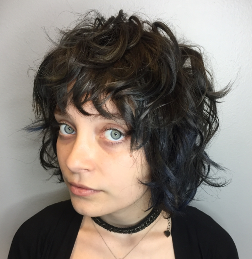 Shag Hairstyle with Messy Wavy Bangs Messy Brunette Bob with Bangs