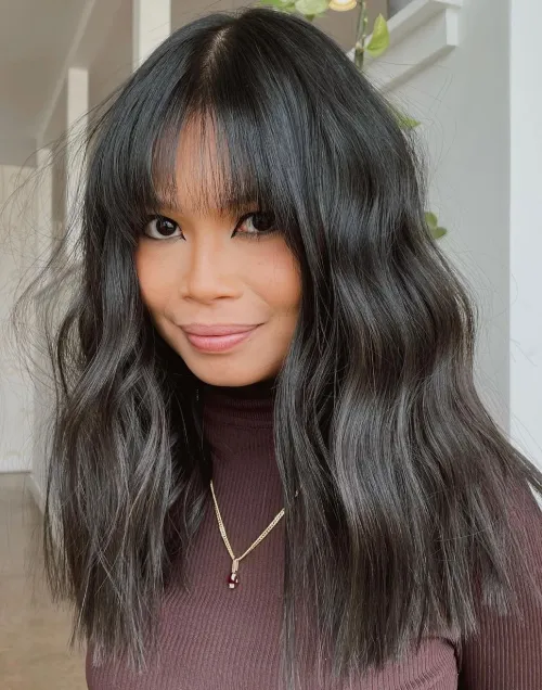 Long Wavy Hair with Bangs Style Medium Length Hair with Feathered Bangs and Soft Wave