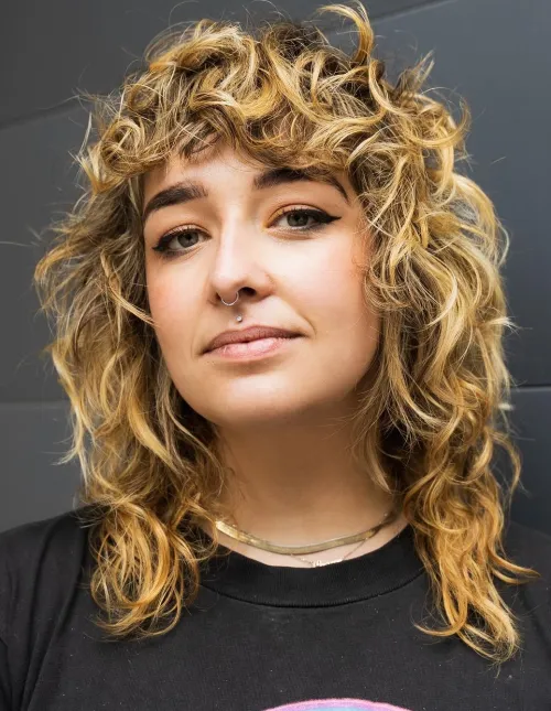 Super Textured Mullet with Wavy Fringe Blonde Curly Shag Cut