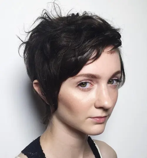 Very Short Wavy Hair with Side Bangs Long Messy Brunette Pixie