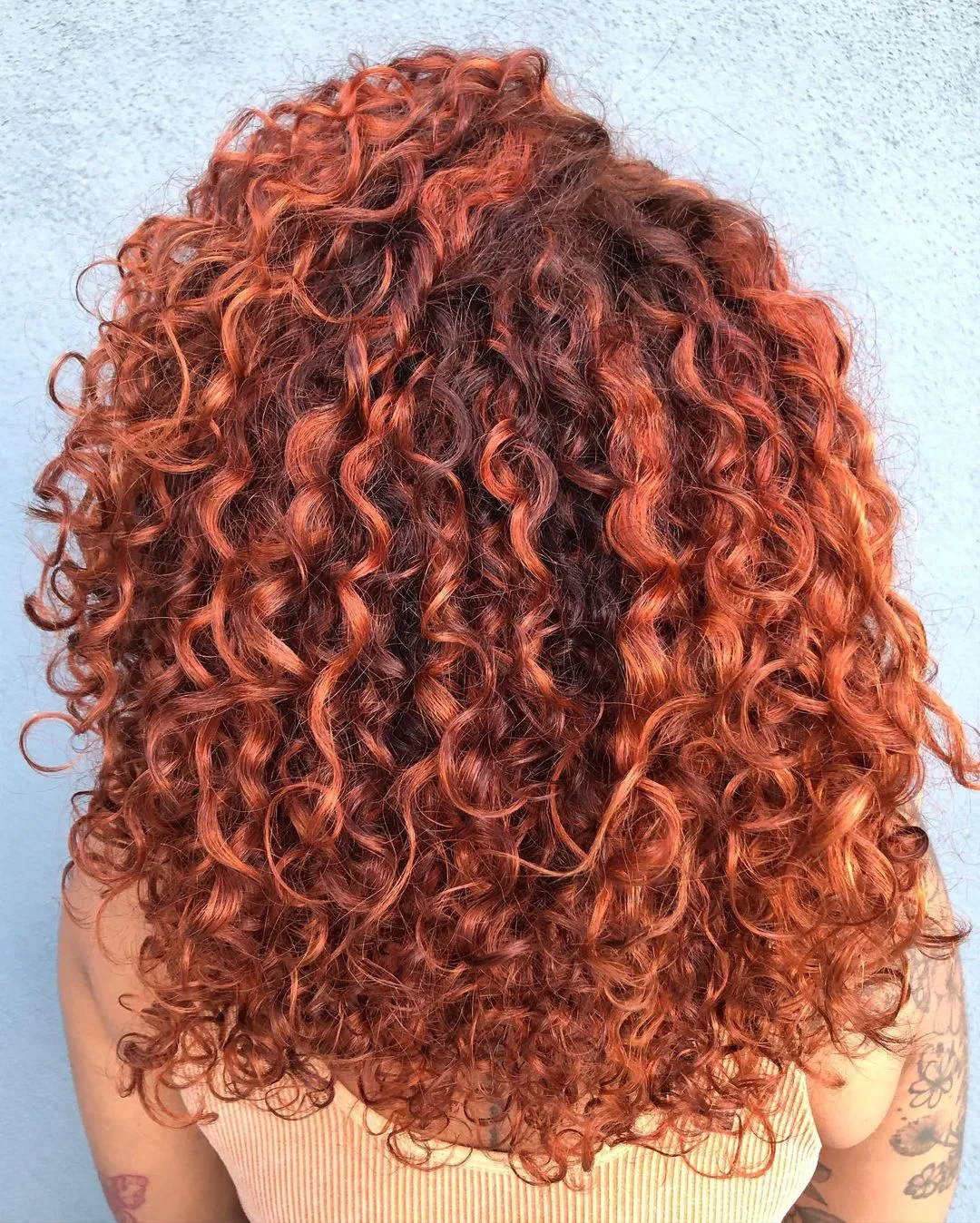 Thick Dark Red Curly Hair with Orange Highlights