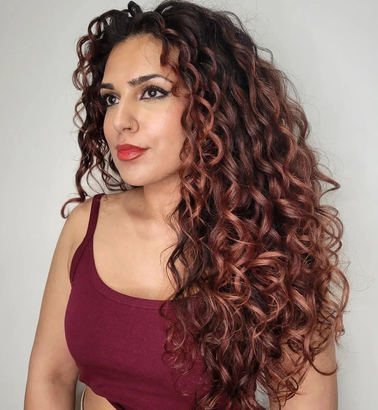 Red Brown Balayage on Extra Long Curly Hair