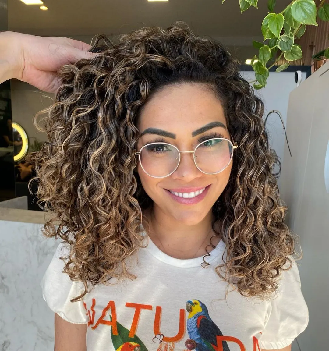 Dark Blonde Balayage on Dark Curly Hair