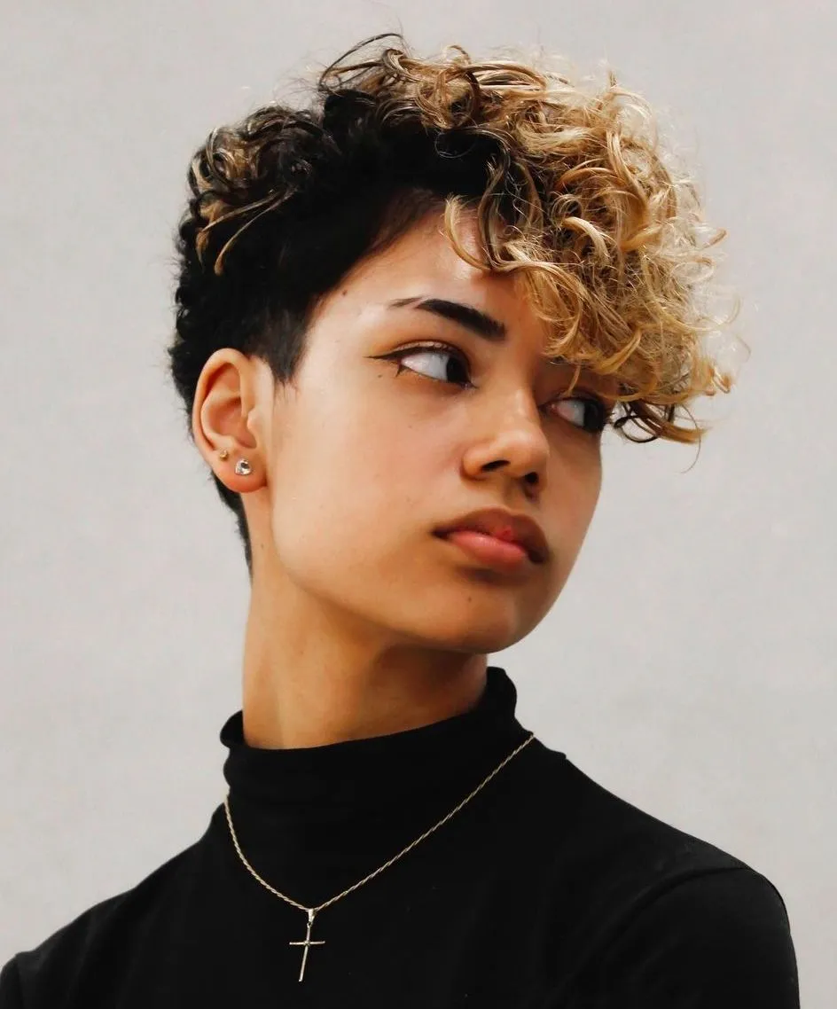 Undercut Curly Pixie with Blonde Hair Frosting