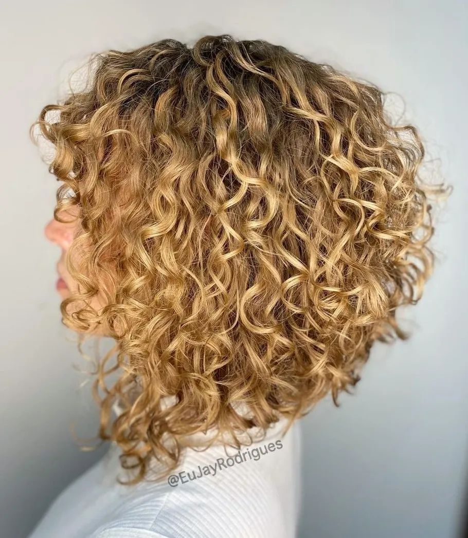 Golden Blonde Long Angled Bob on Naturally Curly Hair