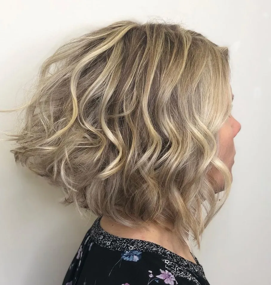 Angled Wavy Bob with Gray Blending Blonde Highlights