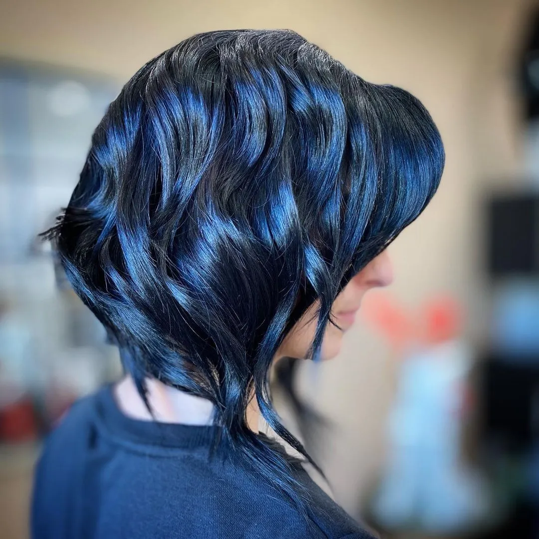 Blue Black Bob with Side Bangs and Soft Waves