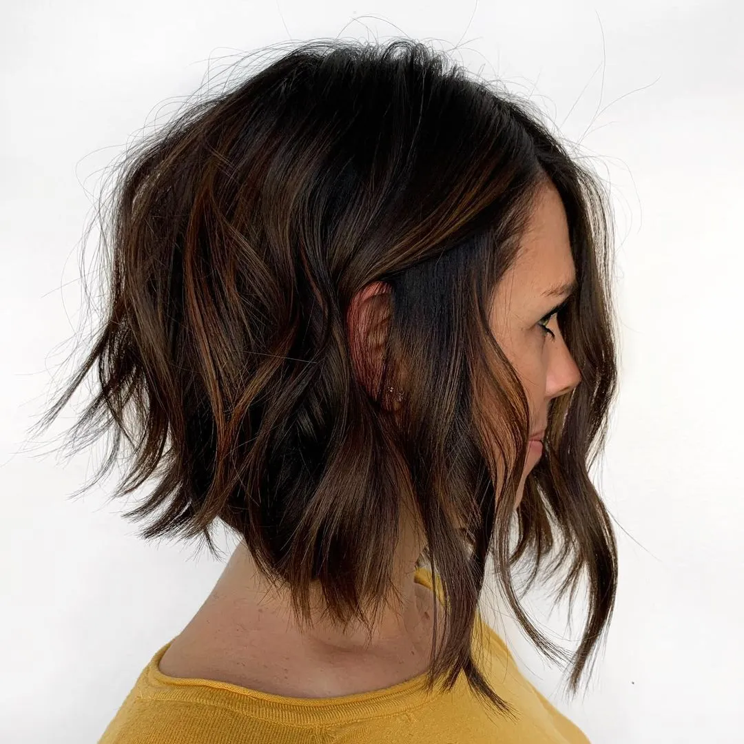 Auburn Angled Stacked Bob with Tousled Waves