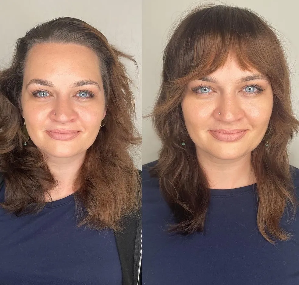 Medium Shag with Bottleneck Bangs Medium Wavy Hairstyle with Bottleneck Bangs