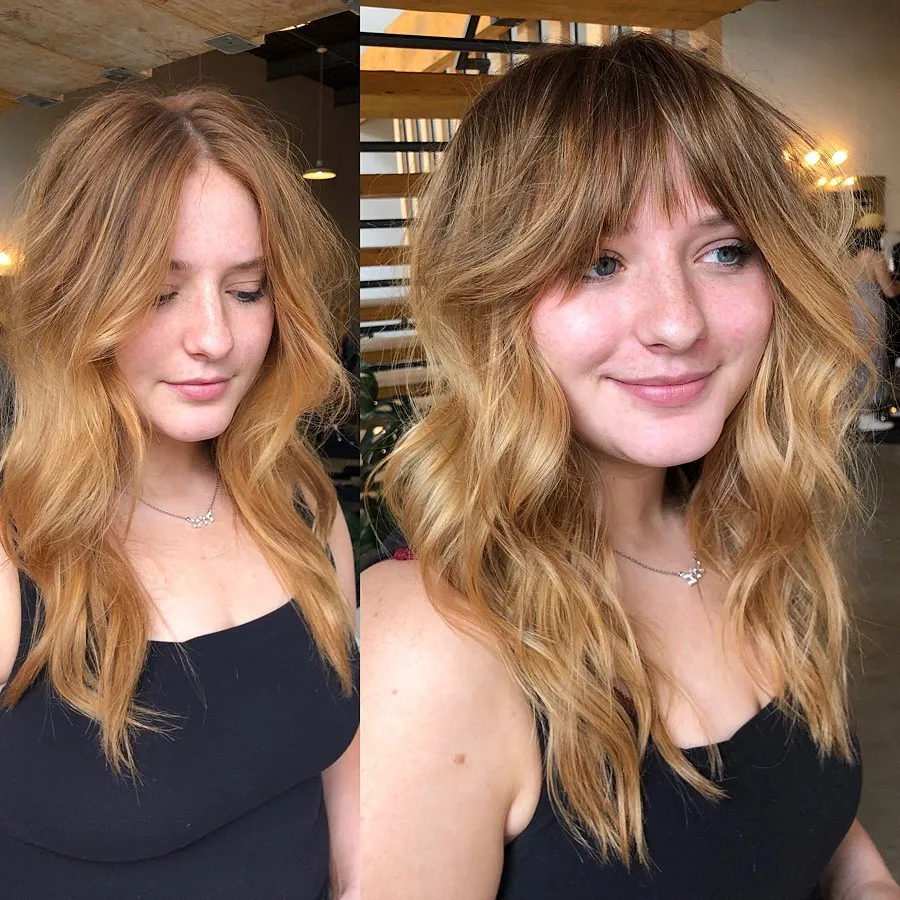 Carefree Strawberry Blonde Waves with Fringe Textured Waves with Choppy Bangs