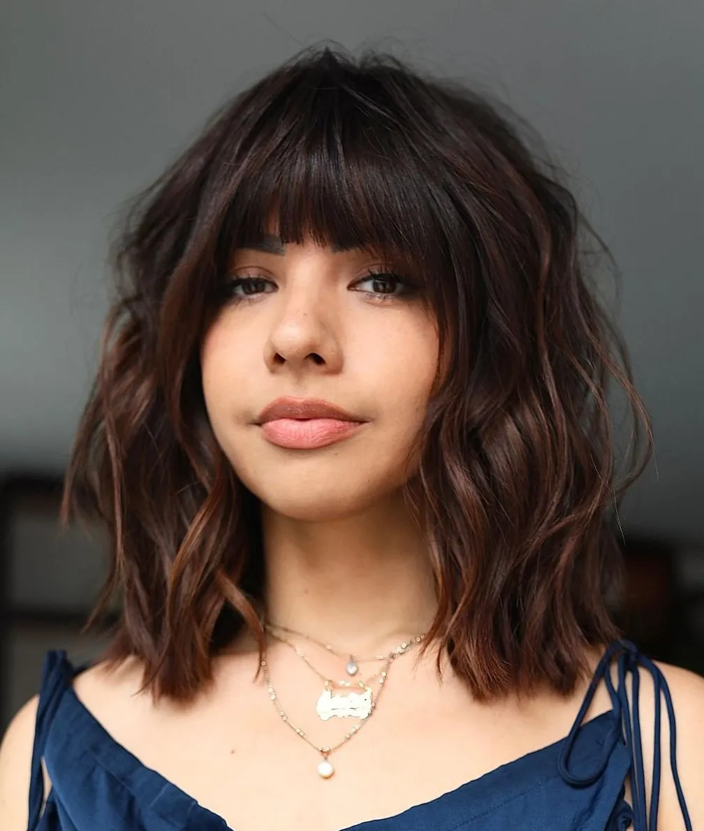 Long Messy Bob with Thick Bangs Warm Brunette Lob with Full Bangs