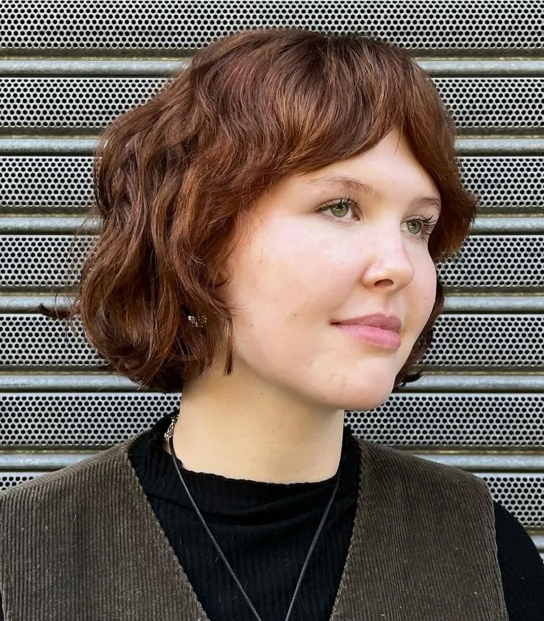 Cute Little Bob with Bottleneck Bangs Amber Brown Short Bob with Bangs