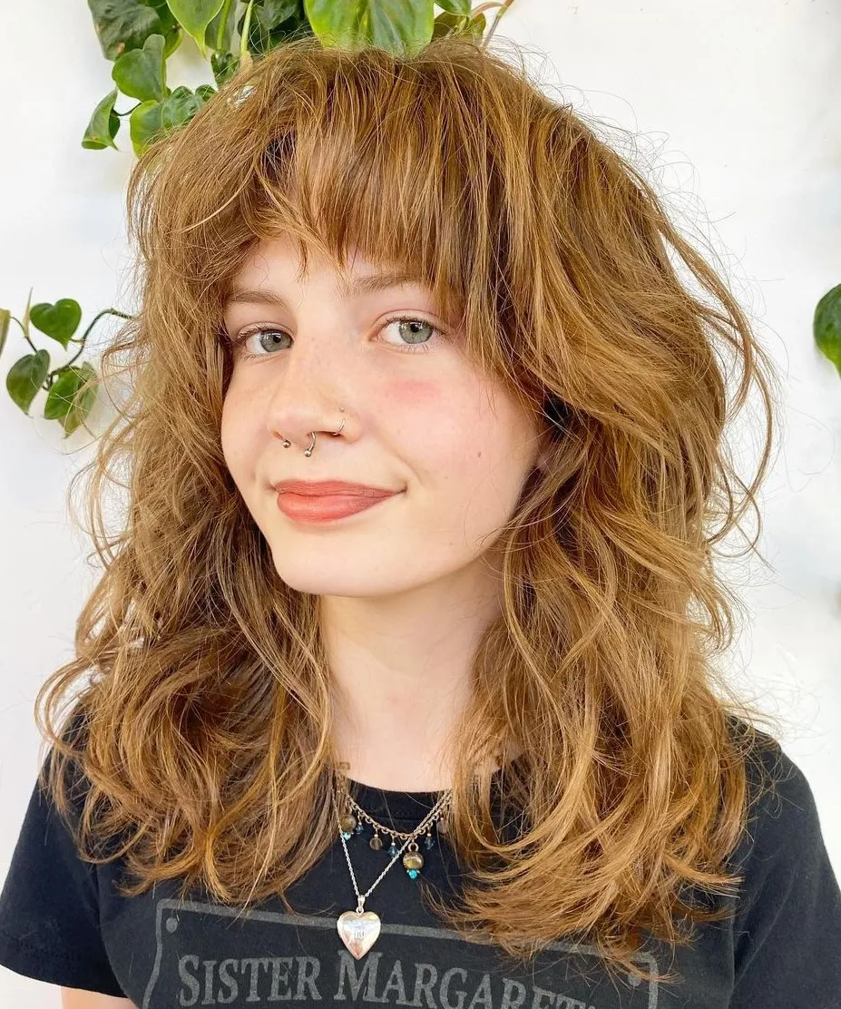 Medium Hair with Shaggy Texture Ginger Brown Wavy Shag with Fringe