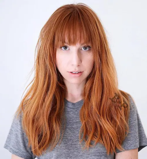 Long Layered Copper Red Hair With Bangs