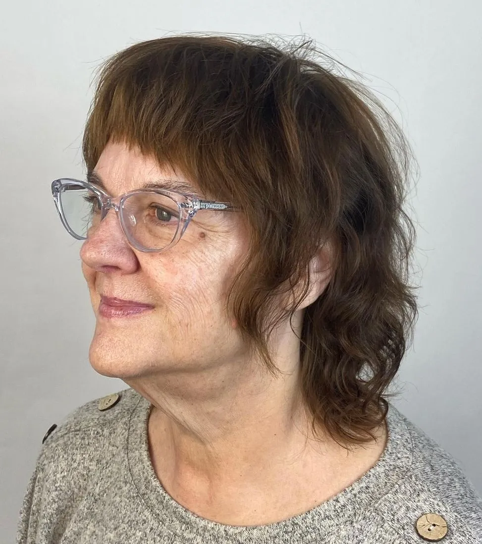 Short Wavy Hair and Arched Fringe Neck Length Layered Style for Saggy Jawline