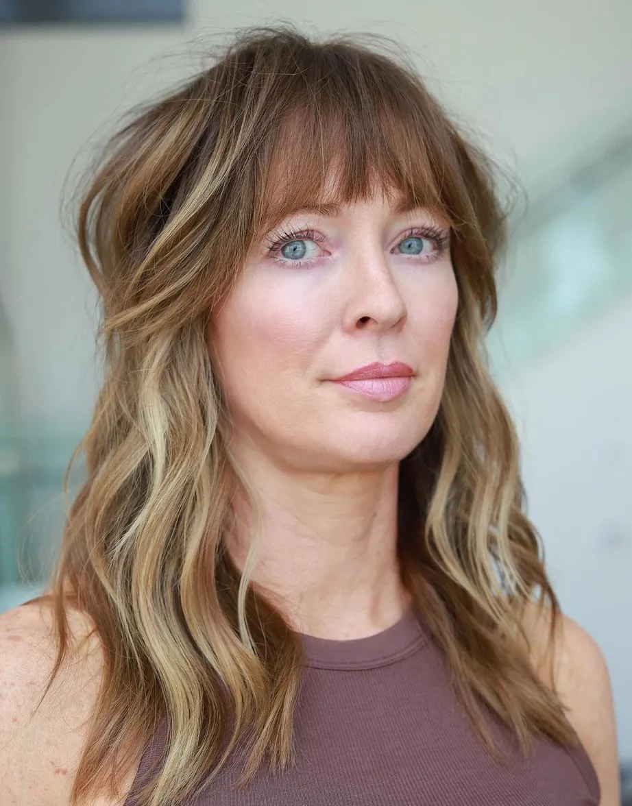 Loose Waves with Highlights and Bangs Highlighted Long Wavy Shag