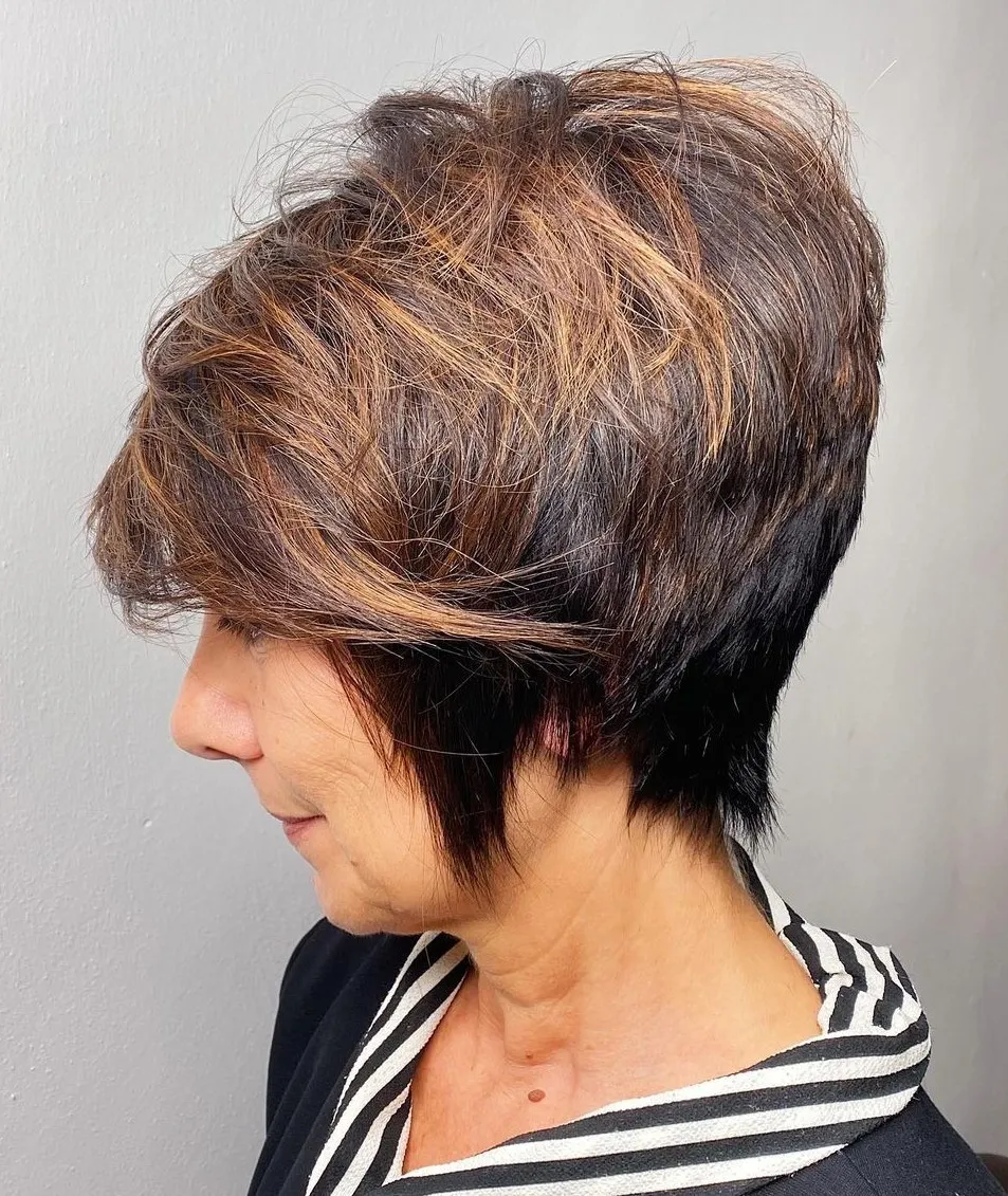 Long Side-Swept Pixie Haircut Two Tone Pixie Bob for Older Women