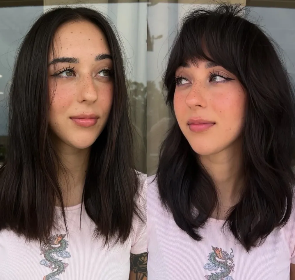 Mid-Length Cut with Arched Bangs Oblong Face Mid-Length Cut with Bangs