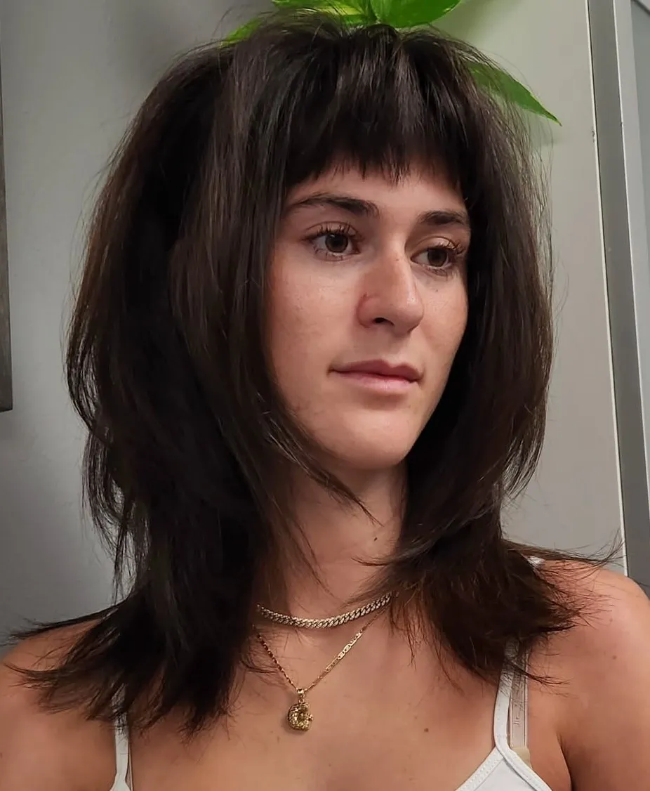 Two-Tier Shag with Baby Bangs Shoulder-Length Shag for Oblong Faces
