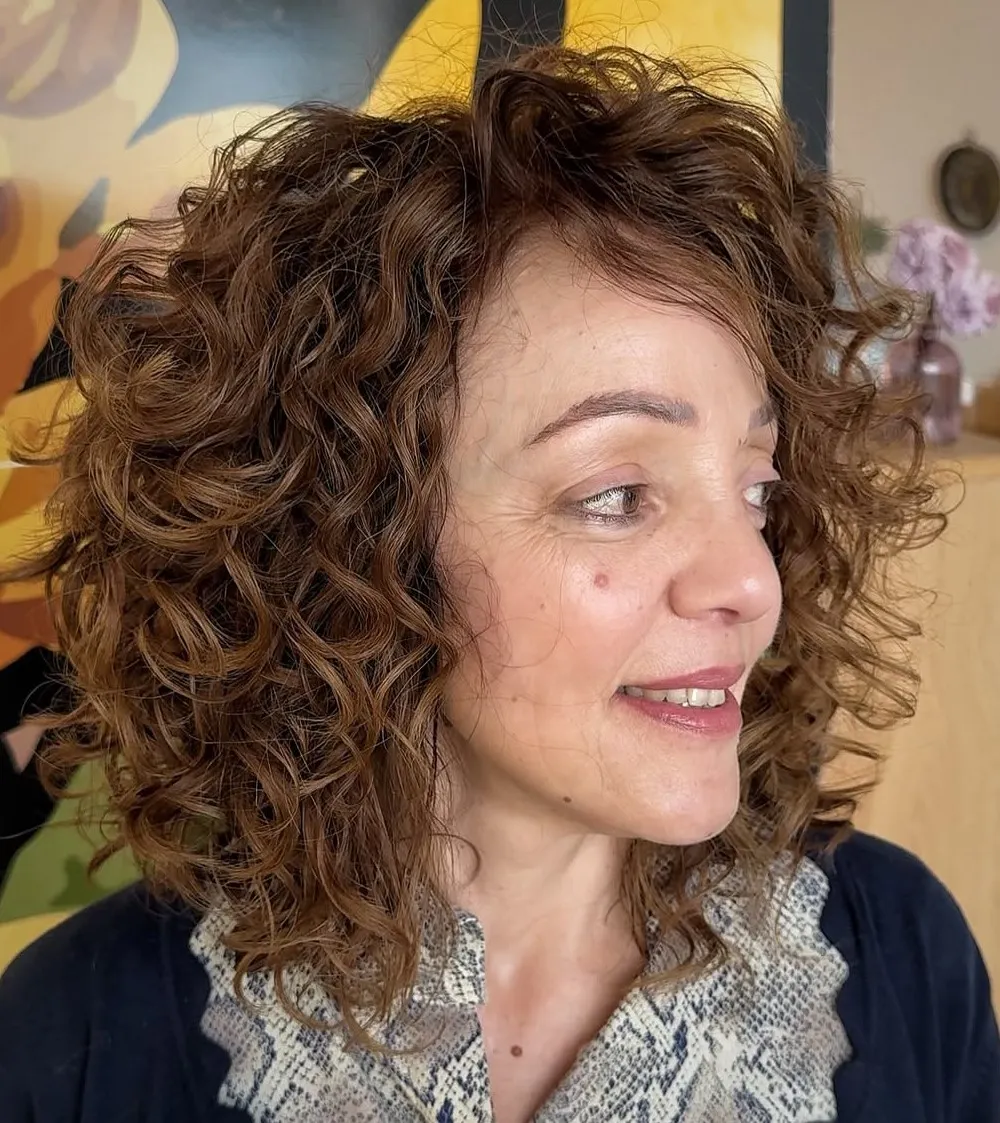 Curly Side-Swept Style Curly Lob for an Oblong Face