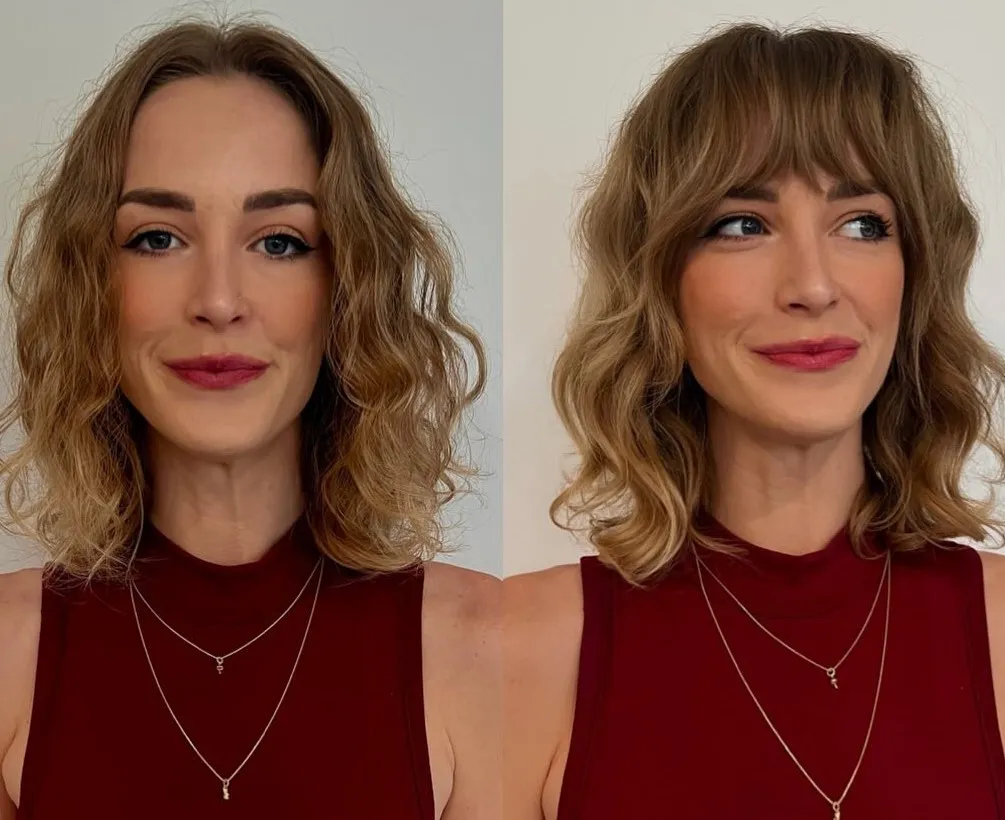 Textured Bob with Bottleneck Bangs Wavy Bob with Bangs for an Oblong Face