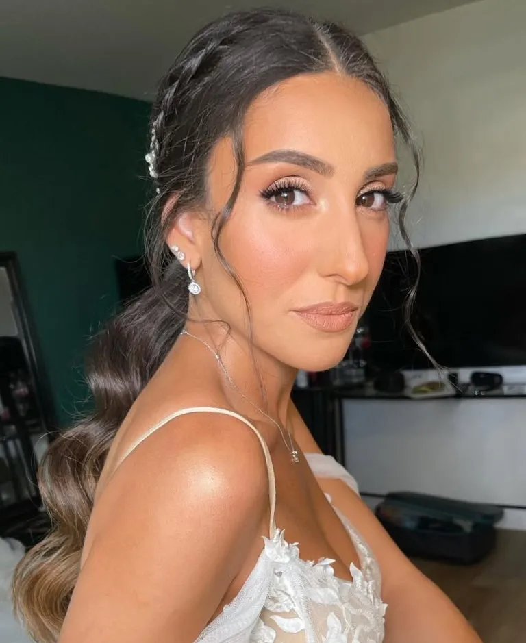 Low Ponytail with Side Tendrils Wedding Ponytail for Oblong Faces
