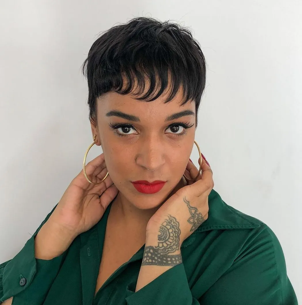 Textured Black Pixie with Piecey Bangs