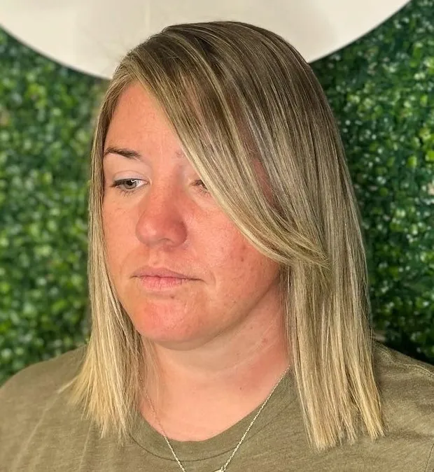 Blunt Cut with Blonde Balayage Medium Blunt Haircut with Long Side Bangs