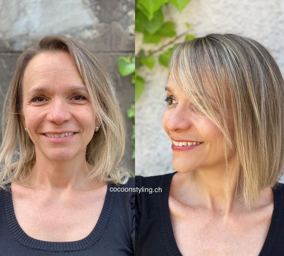 Short Blunt Cut with Long Side Bangs Elegant Straight Bob with Swept Fringe