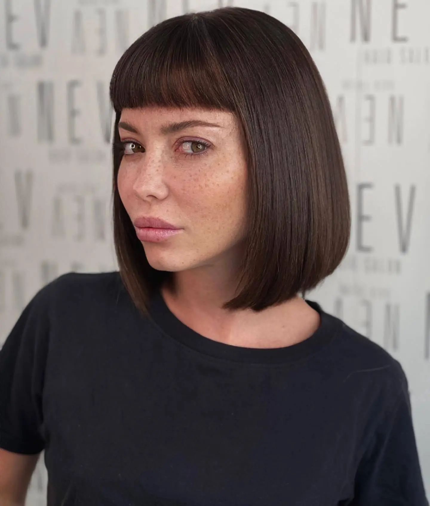 Classy Smooth Bob with Baby Bangs Smooth Bob Cut with Micro Fringe