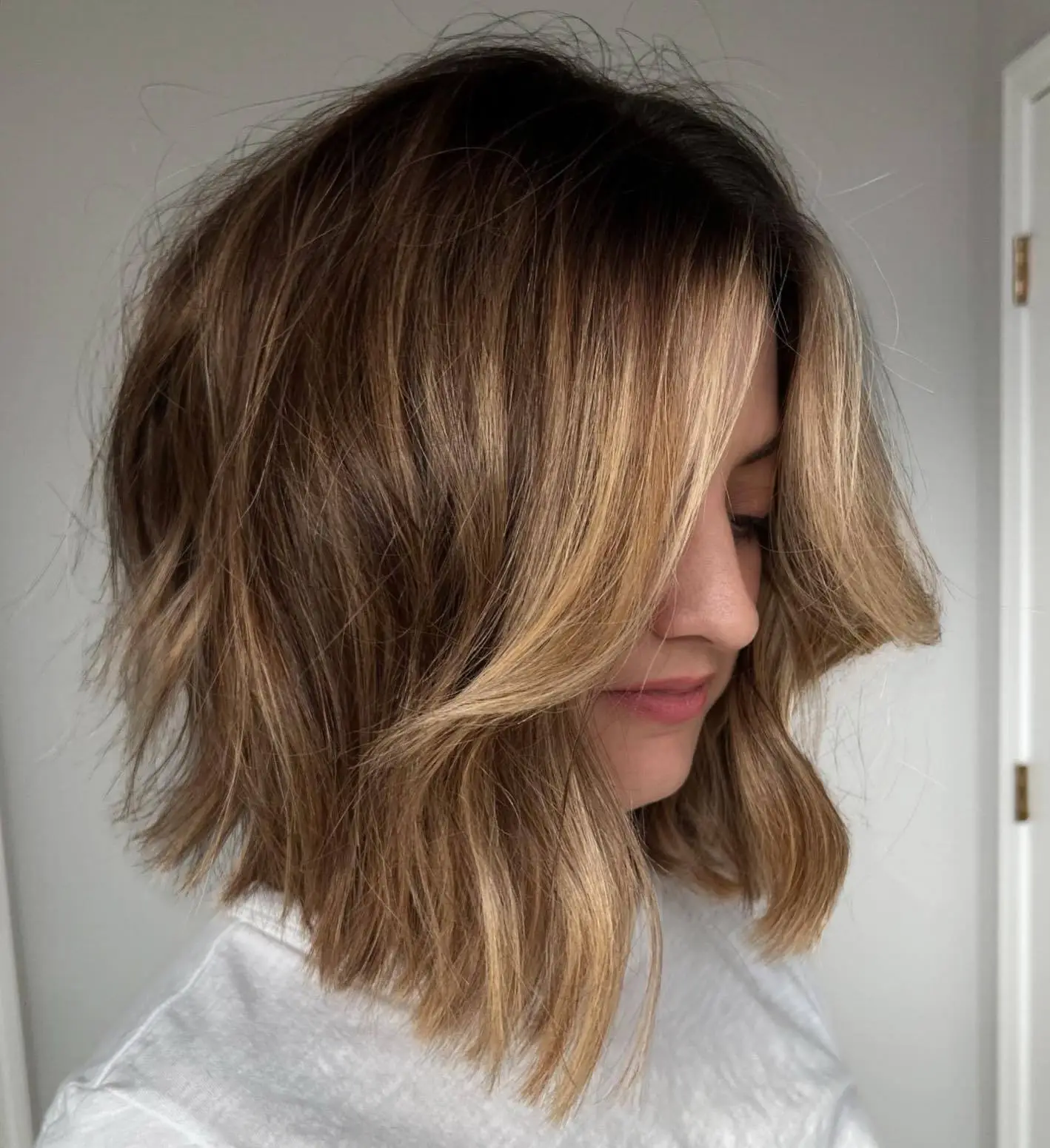 Messy Bronde Lob with Blunt Ends Angled Wavy Blunt Bob Hairstyle