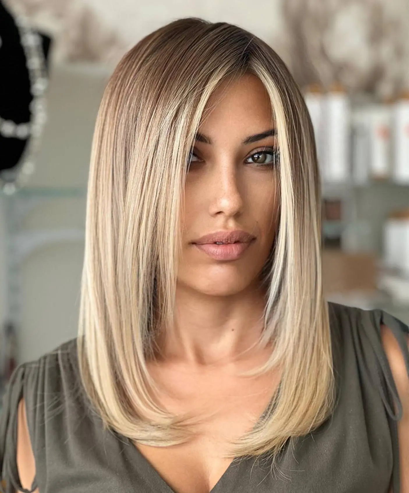 Sleek Hair with Off-Center Part Straight Hair with Blonde Balayage