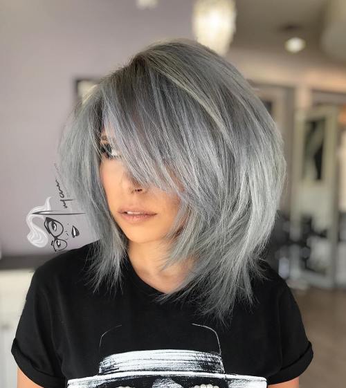 80 Stunning Medium-Length Hairstyles for Thick Hair 42 Gray Layered Bob With Bangs